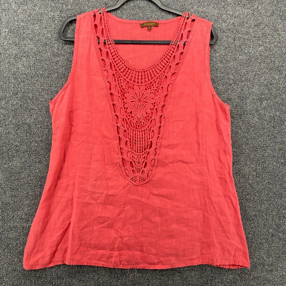 Plazza Roma Linen Top Womens M Pink Crochet Neck Sleeveless Coastal Resort Italy